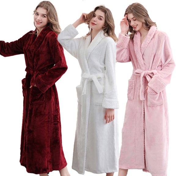 FLMEI Fleece Robe for Women Long Flannel Bathrobe Women Loose Pajamas Fall Winter Thickened Night-Robe Kimono Loungewear for Womens M-XL-XXXL