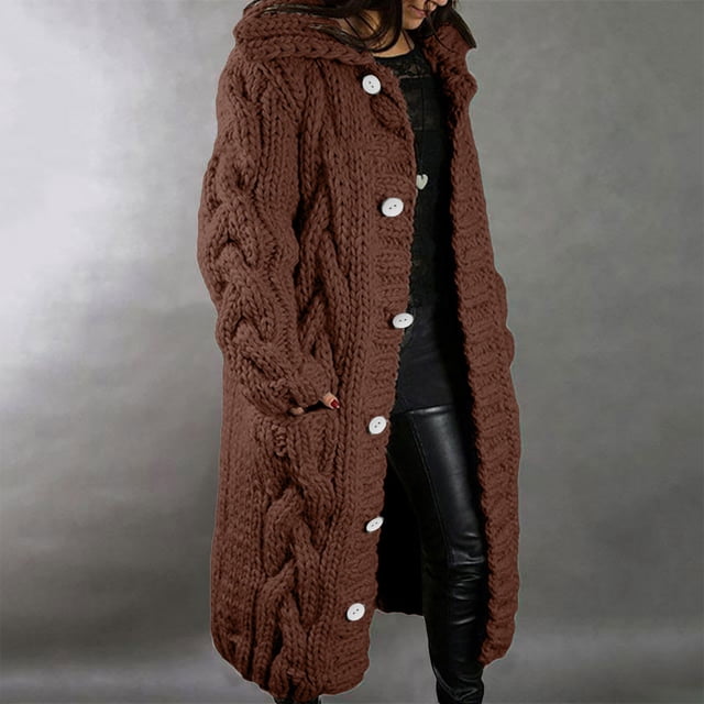 cllios Women Hooded Open Front Cardigan Cable Knit Sweaters Solid Color Button Down Chunky Long Sweater Coats with Pocket
