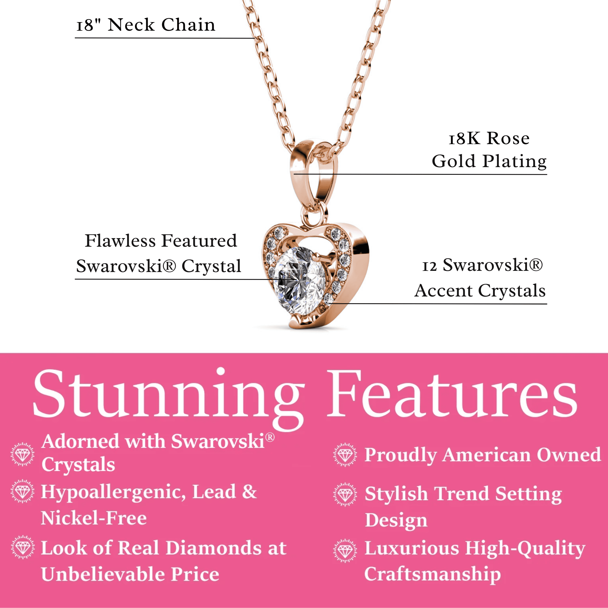 Cate & Chloe Amberly 18k Rose Gold Plated Heart Pendant Necklace with Swarovski Crystals for Women