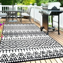 Outdoor Rug Mat for Patio, 8x10ft Waterproof Reversible Plastic Straw Rugs, Camping Carpet Area Mats for RV, Porch, Deck, Backyard, Balcony, Camper, Picnic, Beach, Trailer, Black & White