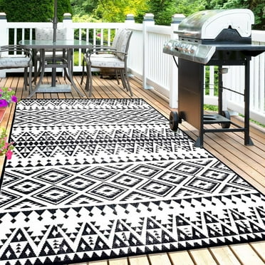 Outdoor Rug Mat for Patio, 8x10ft Waterproof Reversible Plastic Straw Rugs, Camping Carpet Area Mats for RV, Porch, Deck, Backyard, Balcony, Camper, Picnic, Beach, Trailer, Black & White