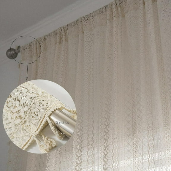 1*Curtain*2 Boho Tassel Crochet Curtains for Living Room Vintage Rod Pocket Boho Curtains Geometry Striped Knitted Lace Light Filtering Curtains