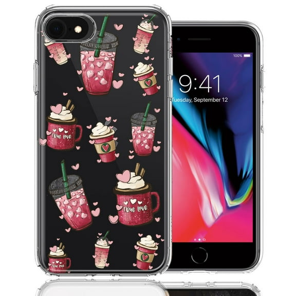 MUNDAZE for Apple iPhone 6/7/8/SE Coffee Lover Valentine's Hearts Pink Drink Latte Double Layer Phone Case Cover