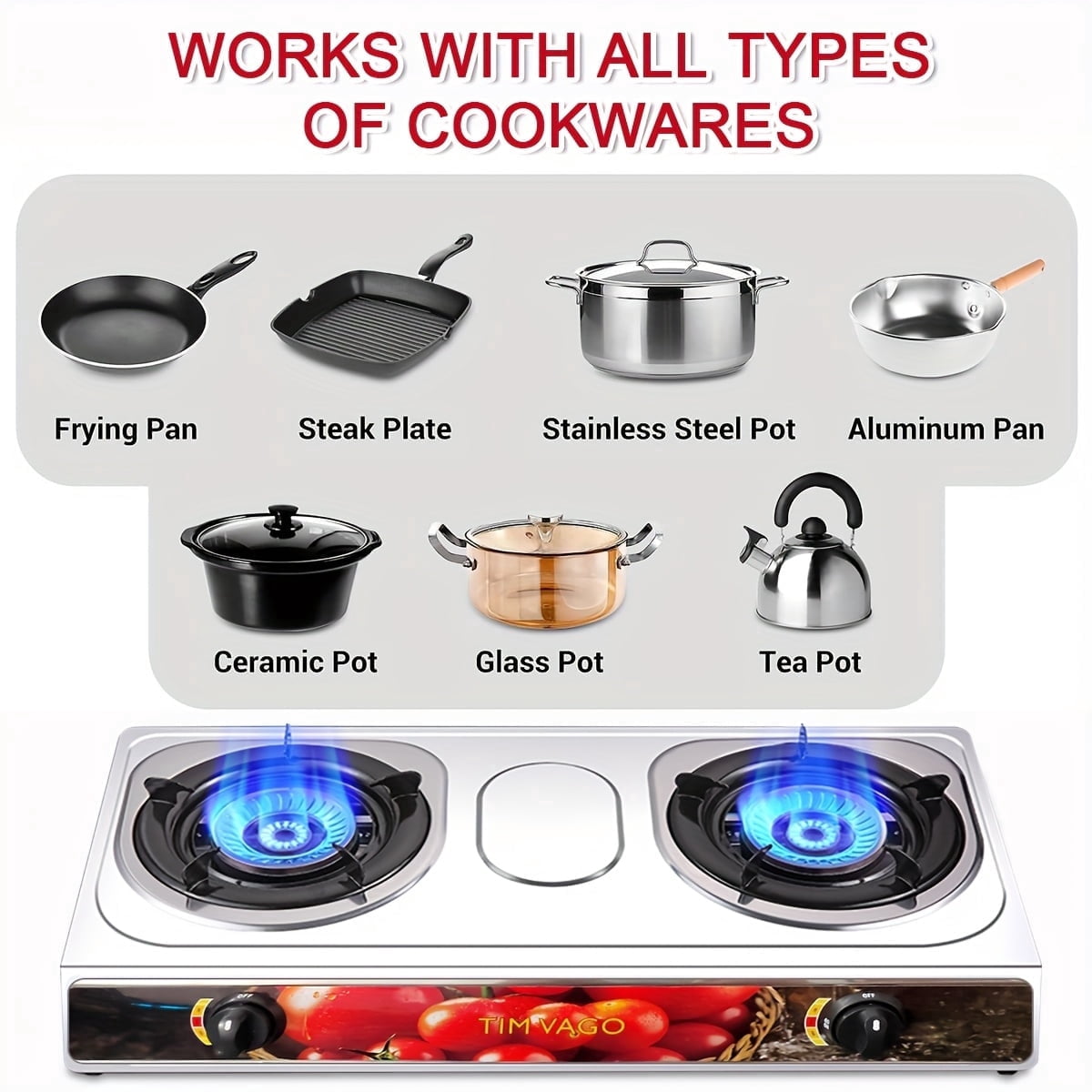 Portable 2 Burner Propane Gas Stove, Stainless Steel Camping Stove with Auto Ignition, Outdoor Cooking Stove with Regulator Hose