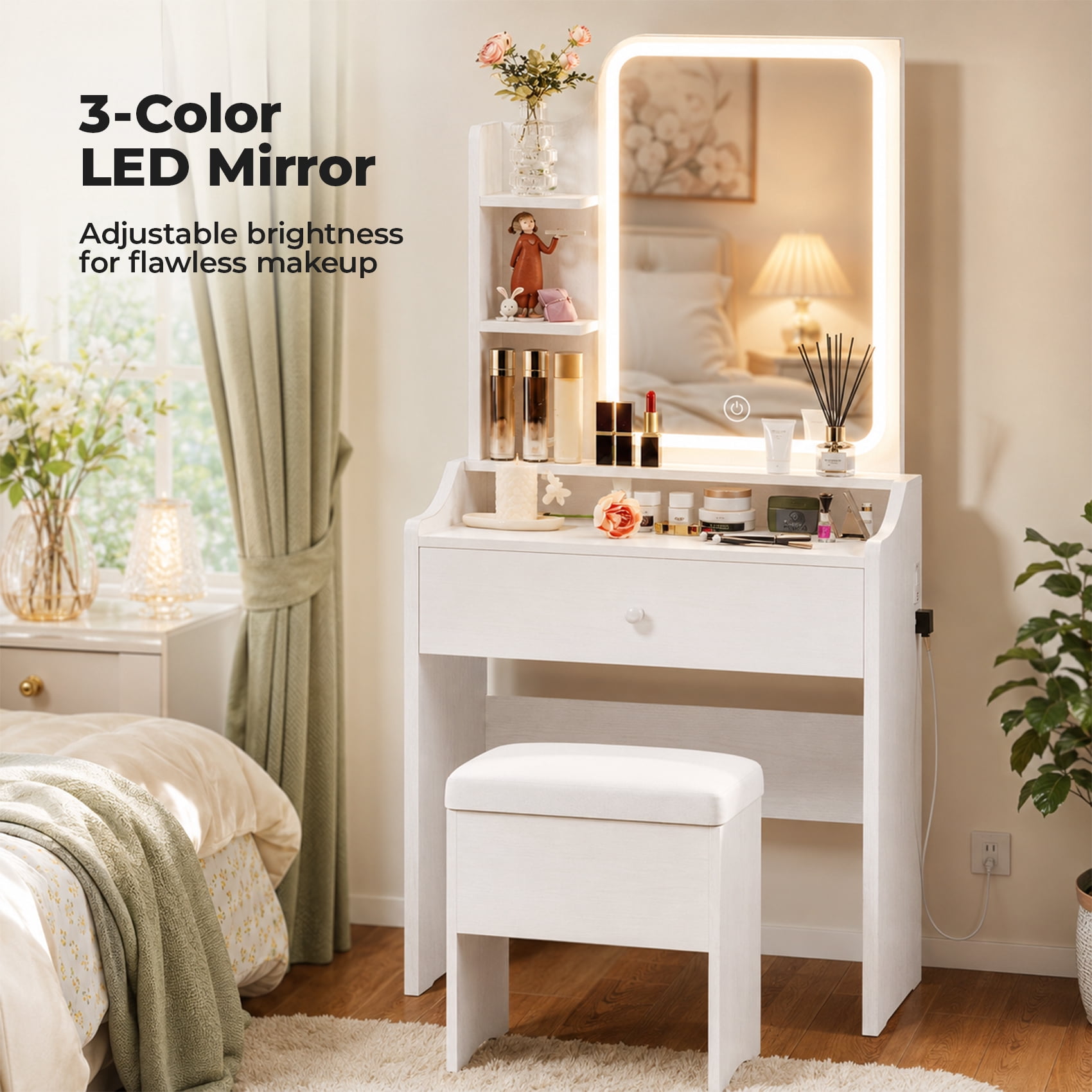Alvantor Compact Makeup Vanity Desk with LED Mirror and Shelves Set