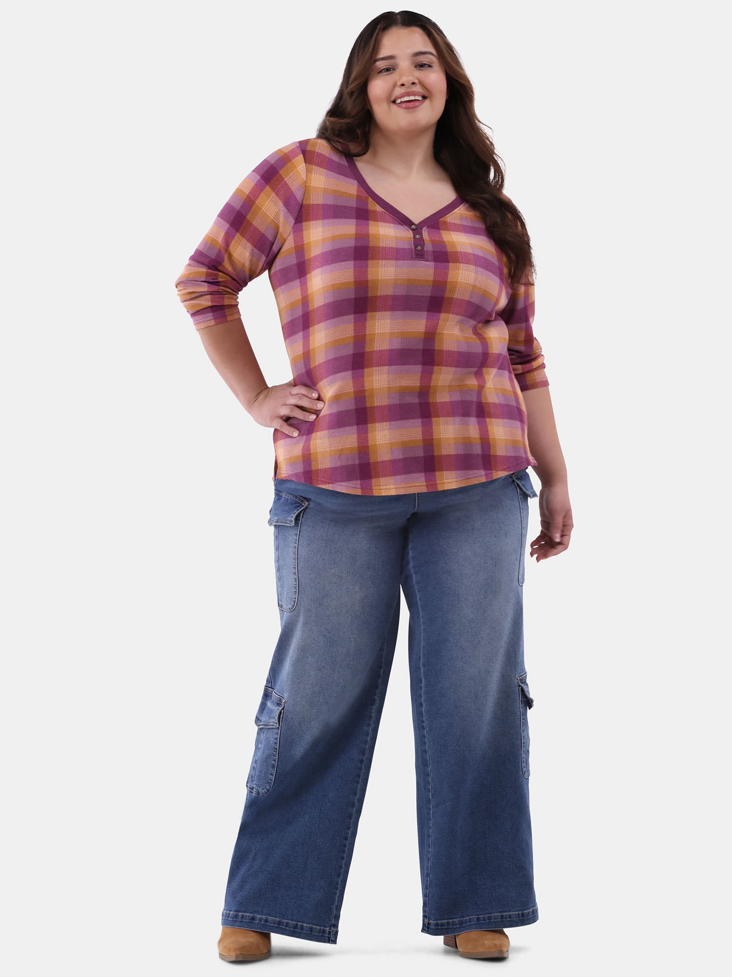 Terra & Sky Women's Plus Thermal Henley Top, Available in 1 and 2-Pack, Sizes 0X-5X