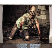 Red Vow Zombie Decor Kitchen Curtains, Halloween Scary Dead Man in Old Building with Bloody Head Nightmare Theme, 2 Panel Set for Living Room Kitchen Cafe, 104" W by 52" L, Grey Mint Peach