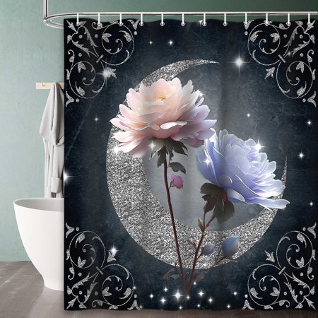 Flower Shower Curtain Pink Blue Fabric Bathtub Curtain Colorful Floral Bathroom Curtain + Hooks 72 X 72Inch
