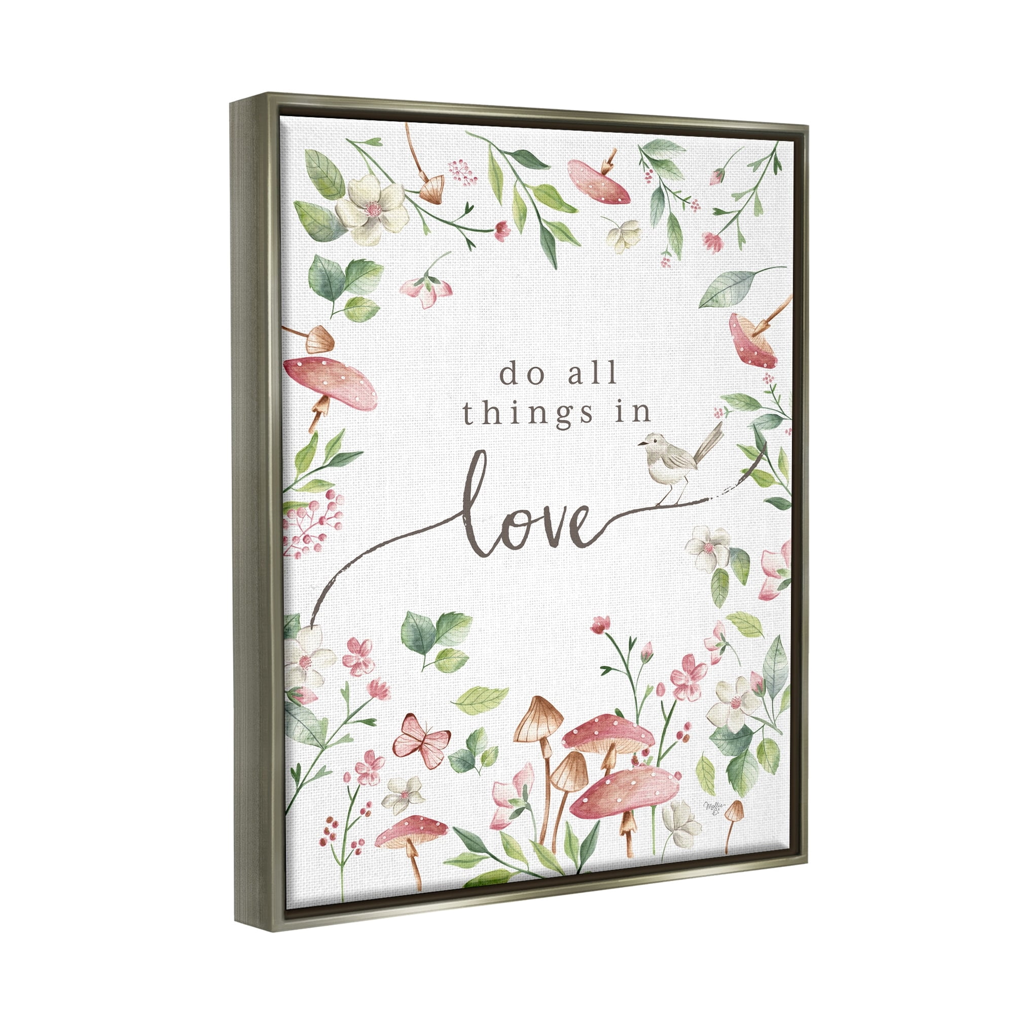 Stupell Industries Do All Things In Love Cottage Mushroom Floral Botanicals Graphic Art Luster Gray Floating Framed Canvas Print Wall Art, Design by Mollie B.