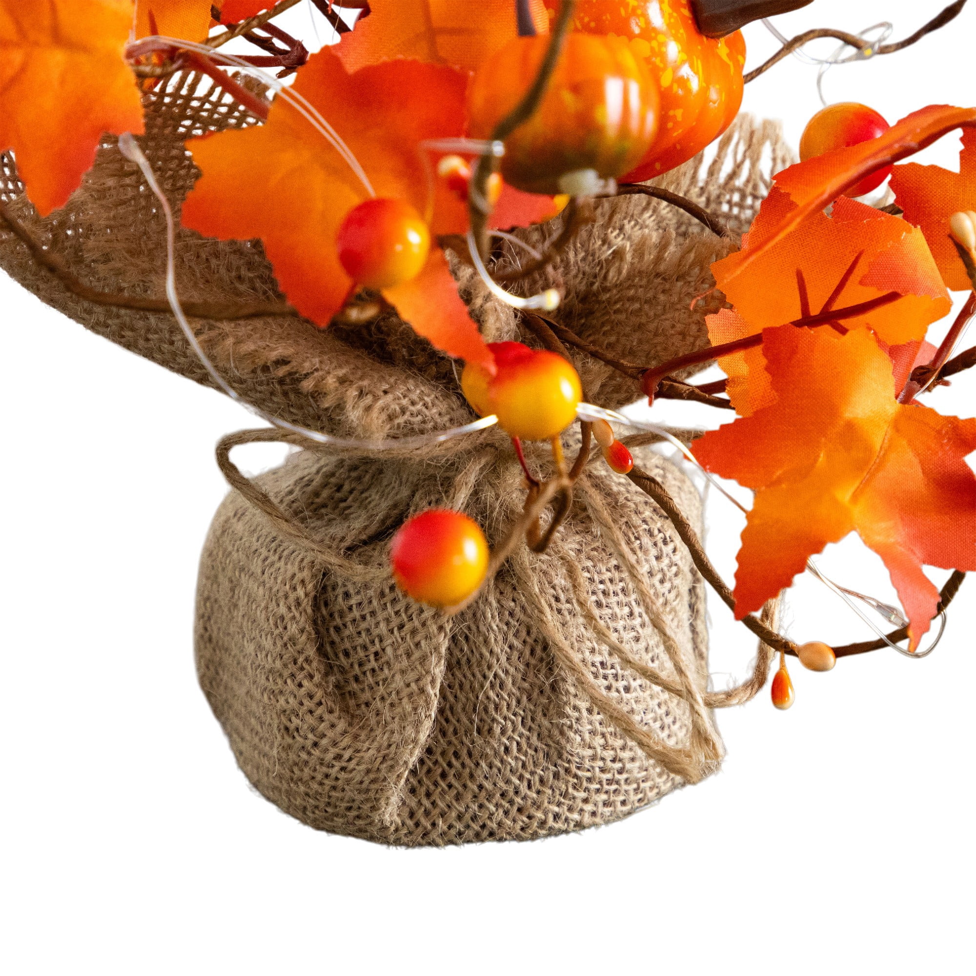Nearly Natural 18in. Pre-Lit Artificial Maple Tree with Pumpkin Ornaments and 30 LED String Lights in Burlap Wrapped Base
