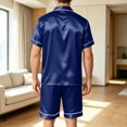 thumbnail image 3 of Mens Pajamas Set Silk Satin Sleepwear Short Sleeve Button Down Pjs Set 2 Piece Loungewear with Pockets Navy M, 3 of 6