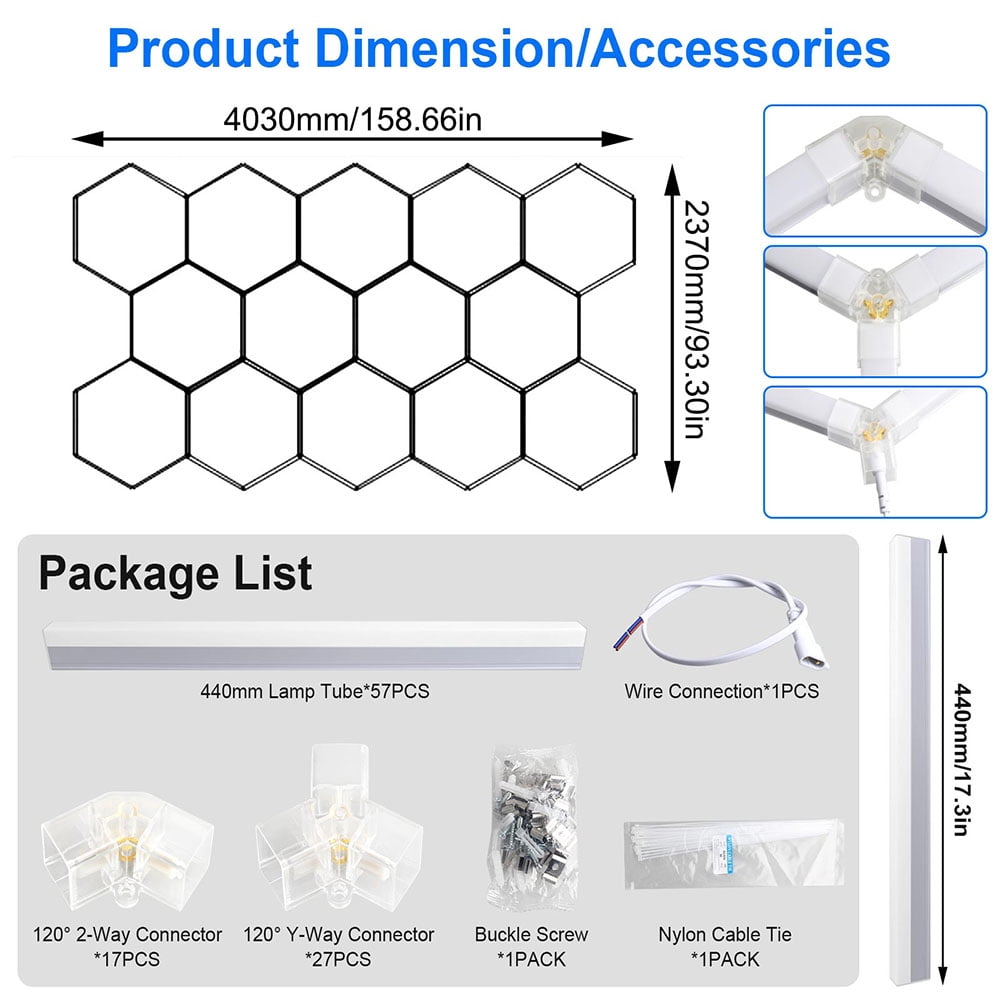 Hexagon Garage Lights: 322W 11 Grids Hexagon LED Lights - Easy Install 6500K Super Bright Honeycomb Lights Ceiling for Garage, Warehouse, Car Detailing Shop, Exhibition Hall, Gym