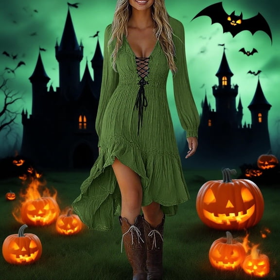 BLTIBY Womens Western Cowgirl Mini Dress Long Sleeve Deep V Neck Drawstring Vintage Gothic Dresses Ruffled Halloween Fashion Outfits Army Green L
