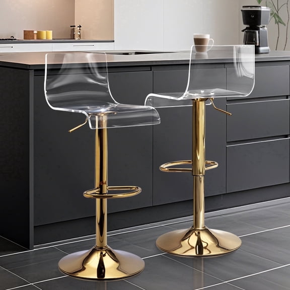 Golden Acrylic Adjustable Swivel Bar Stools, Set of 2 Mid-Back Modern Clear Chairs for Kitchen & Dining Room