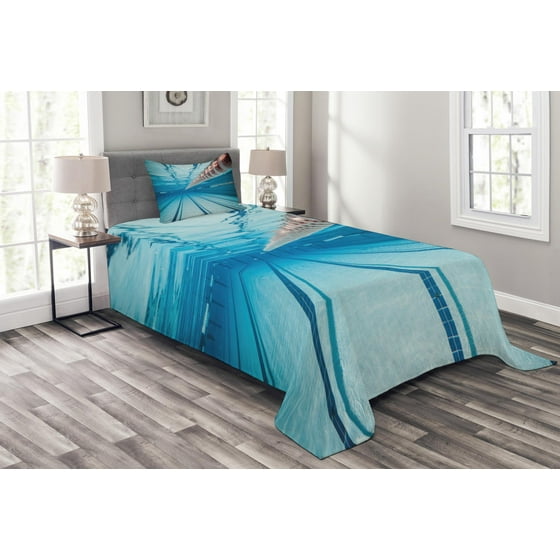 Sports Bedspread Set Swimming Pool Underwater View Relaxing Exercise Hobby Leisure Activity Theme Picture Decorative Quilted Coverlet With