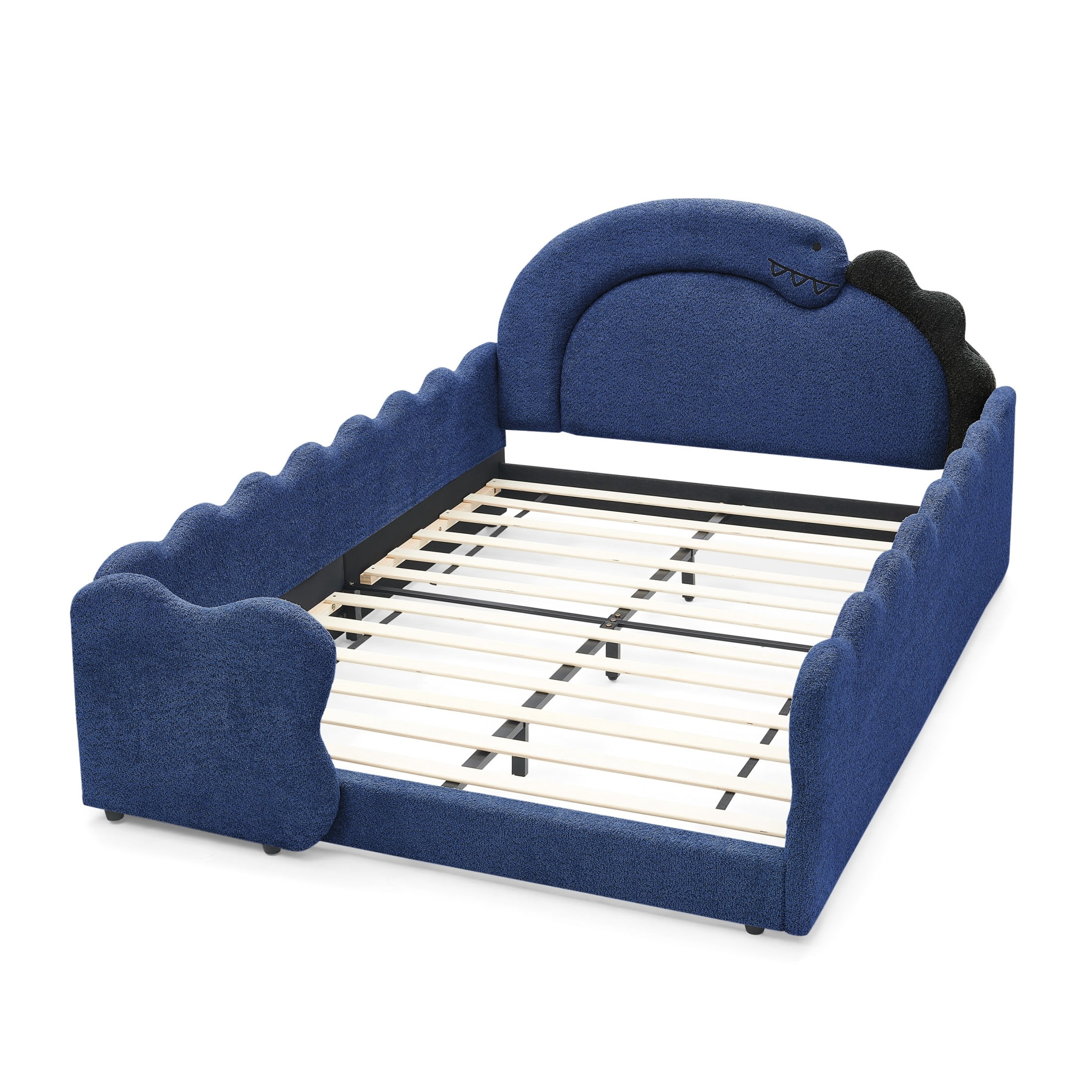 GDF Studio Full Size Cute Dinosaur Bed with Safety Guardrails & Solid Wood Frame, Boucle Fabric Upholstered Bed, Navy