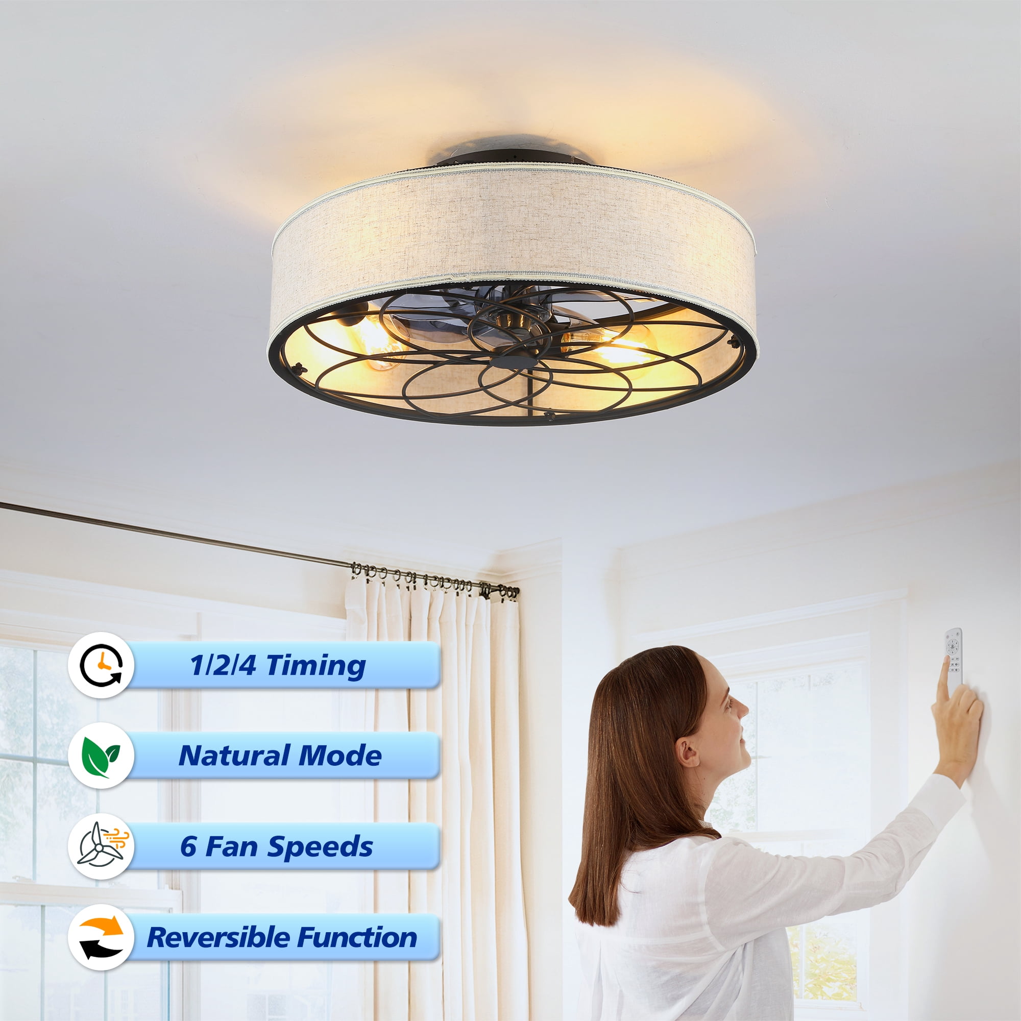 Leumius 20" Fabric Farmhouse Ceiling Fan with Light and Remote Control,Low Profile Modern Enclosed Ceiling Fans with Reversible Motor for Living Room,Bedroom,Kitchen (NOT Included Bulbs)