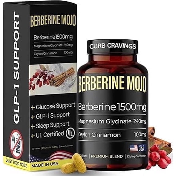 Berberine 1500mg Supplement with Magnesium Glycinate & Ceylon Cinnamon, Weight Management, Glucose & Metabolism Support, Made in USA, 60 Tablets