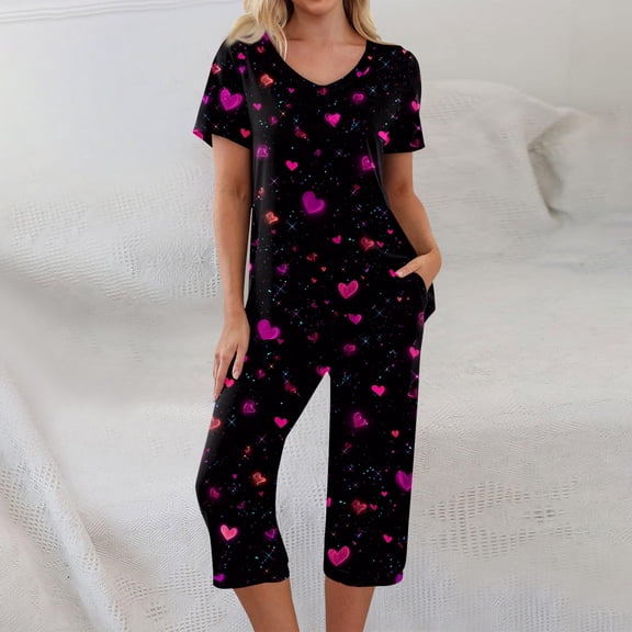 Women's Pajamas Set Soft V Neck Sleepwear Top and Capri Pj Lounge Sets Cartoon Heart Printed Nighty Plus Size