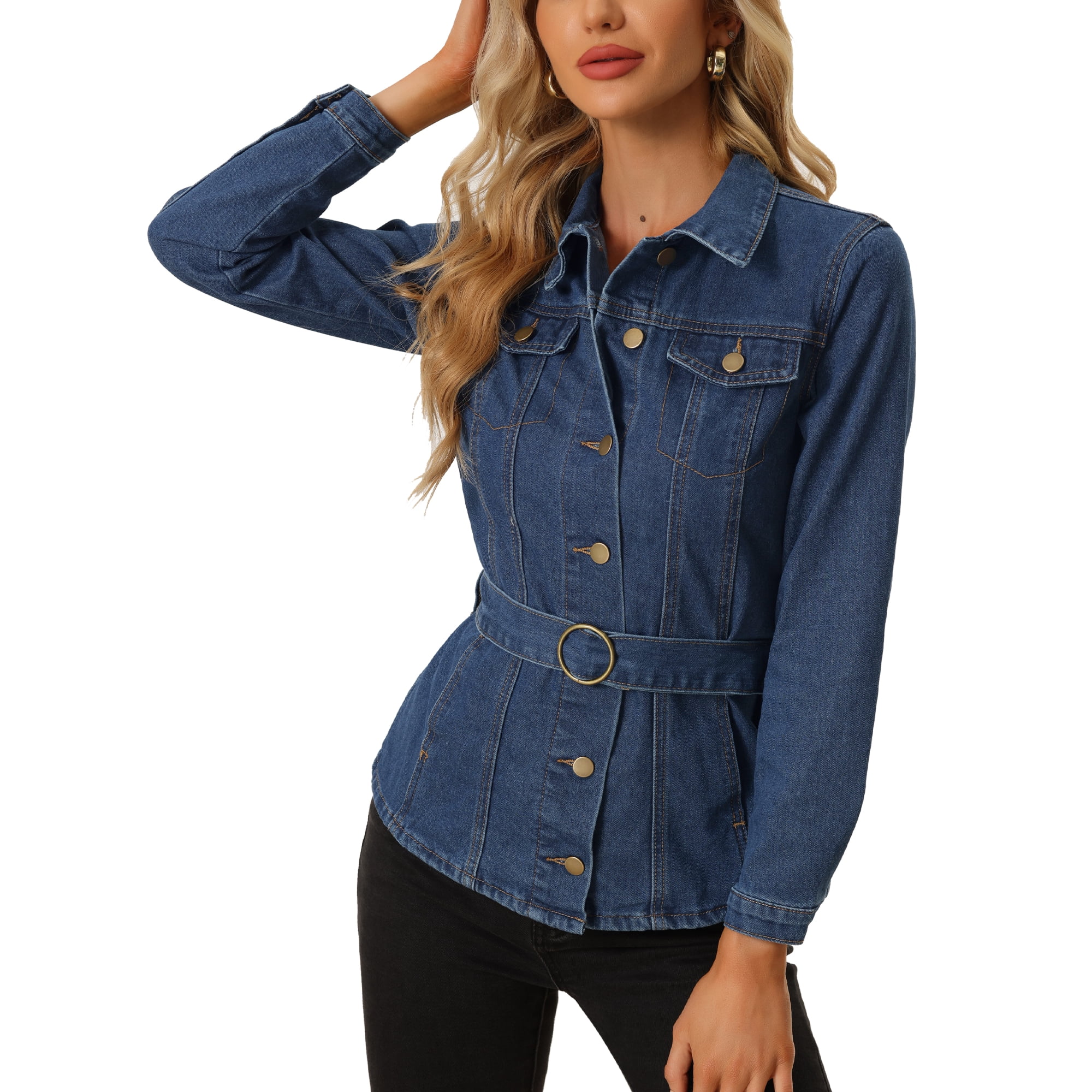 Unique Bargains Denim Belted Jacket For Women s Lapel Collar Single Breasted Jean Jackets Dark Blue Xs Other