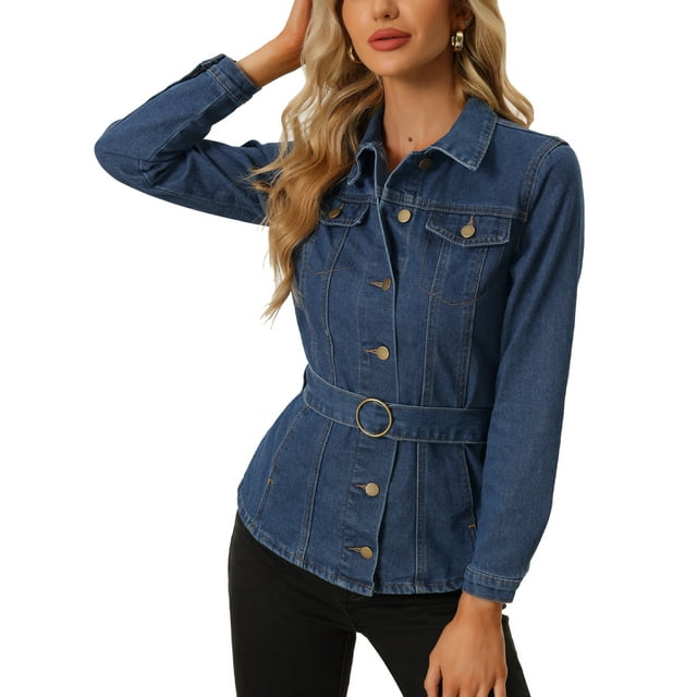 INSPIRE CHIC Veste en Denim Ceinturée pour Femme à Col à Revers, Veste en Jean à Simple Boutonnage Bleu Foncé TP