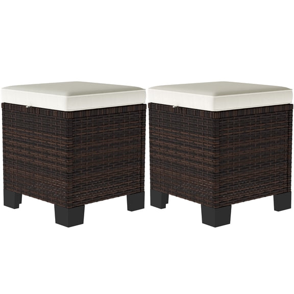 Homiyad 2 Pieces Wicker Outdoor Ottomans with Cushions, Rattan Ottoman Footrest & Side Table for Patio Yard Poolside, Beige