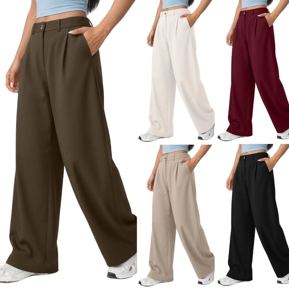 Women's High Waist Pleated Wide Leg Dress Pants Solid Color Flowy Loose Straight Suit Trousers with Pockets Business office Casual Pants Wine