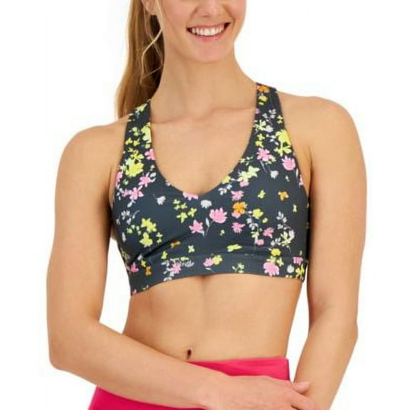 ID Ideology Womens Active Pansy Print Strappy Back Low Impact Sports Bra Pansy Poppyseed M