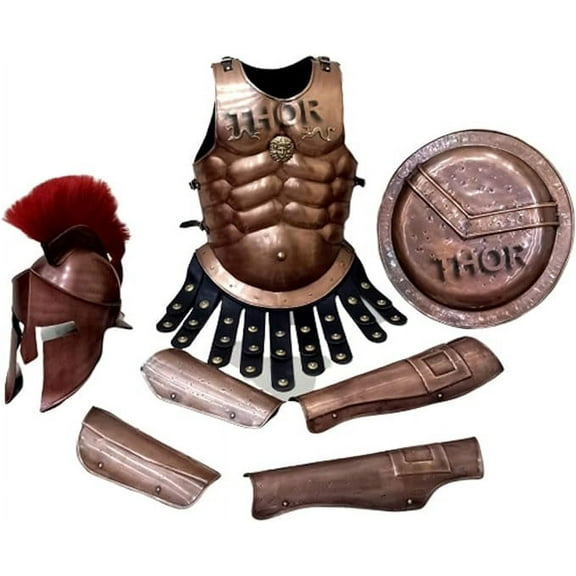 THORINSTRUMENTS (with device) Medieval 300 Movie King Leonidas Spartan Helmet W/Red Plume  Muscle Jacket  Shield   Leg  Arm Guard Rustic Vintage Home Decor Gifts