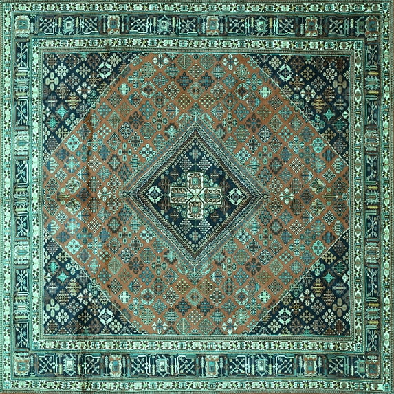 Ahgly Company Indoor Square Medallion Turquoise Blue Traditional Area Rugs, 4' Square
