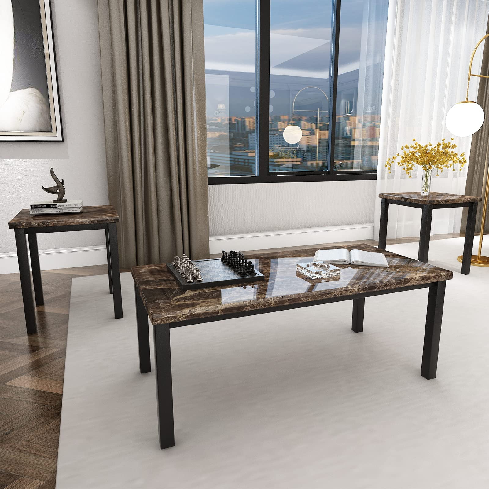 AWQM 3 Pieces Coffee Table Set, Faux Marble Coffee and End Table Set