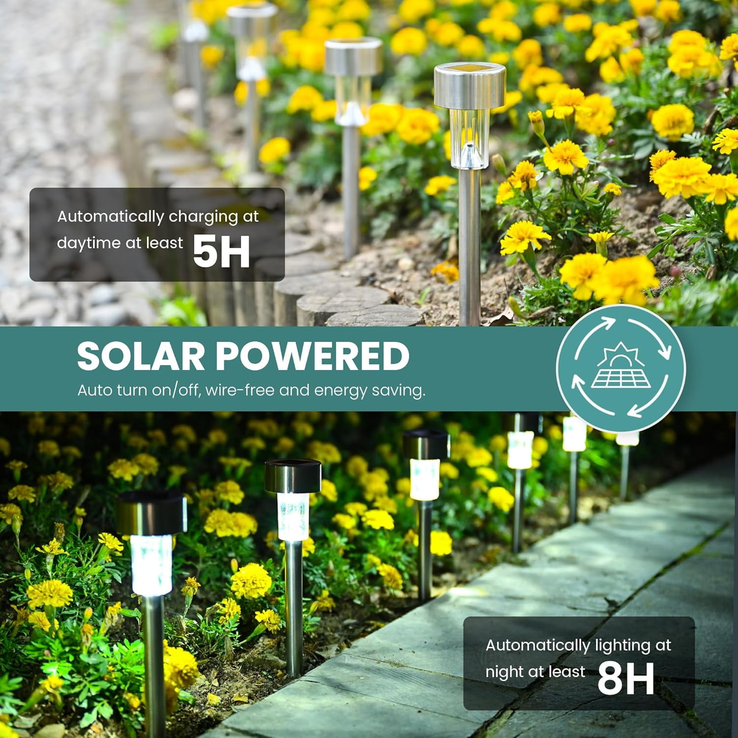 24 Pack Solar Path Lights Outdoor,Solar Lights Outdoor Waterproof,Stainless Steel LED Landscape Lighting,Solar Garden Lights for Driveway,Pathway,Patio,Yard