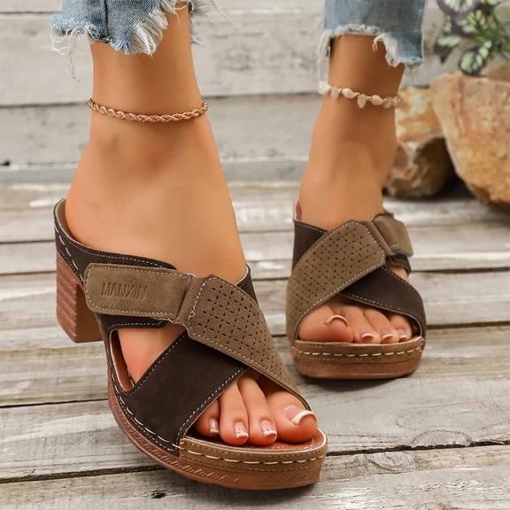 Fnooota Womens Heeled Sandals, Non-slip Slip On Outdoor Open Toe Summer Shoes Khaki Size 7