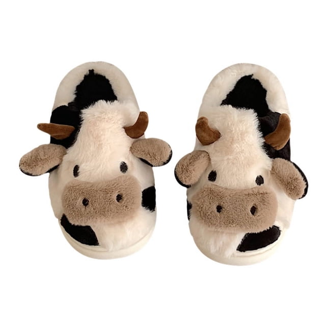 Zapatos térmicos de felpa para el hogar para dormitorios de estudiantes de invierno, lindas zapatillas de algodón antideslizantes de vaca (aproximadamente 24 cm de largo)
