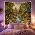 thumbnail image 2 of Woodland Cottage Village Around a Clear Lily Pond, Whimsical Fantasy for Nature Lovers, Fairy Garden Decor, Housewarming Gift, Tapestry Wall Hanging for Bedroom and Studio, 2 of 7