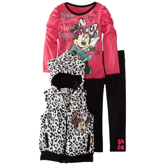 Disney Little Girls' Minnie Mouse 3 Pieced Printed Vest Pullover and Pant, Pink, 6