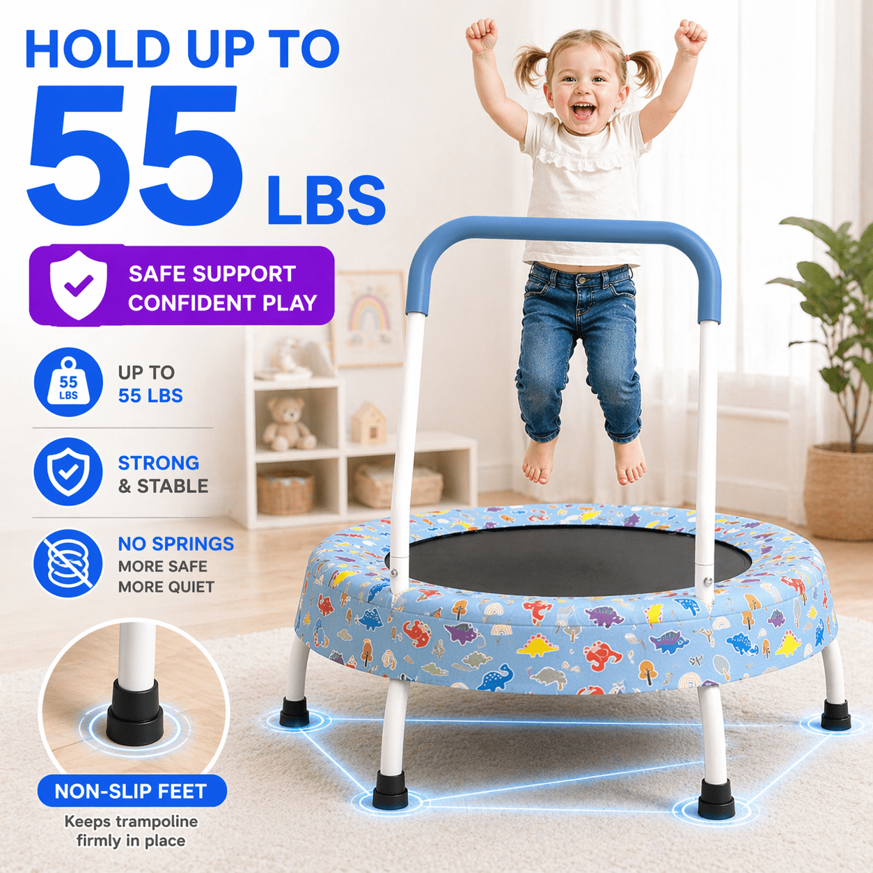 Witaxima 28inch Toddler Trampoline with Handle for Kids 1-4 Years, Indoor/Outdoor Baby Bouncer, Blue Forest, Max Weight 55lbs, Spring-Free Design