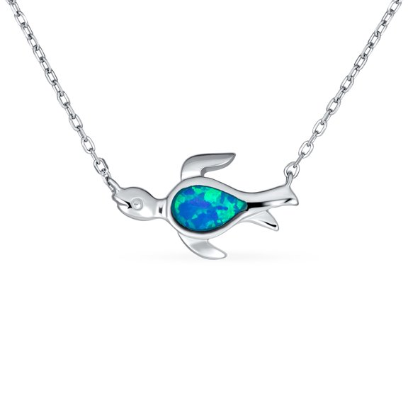 Bling Jewelry Womens Delicate Nautical Blue Opal Sea Turtle Pendant Necklace in Sterling Silver