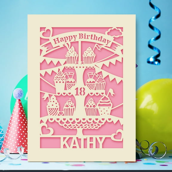 Personalized Birthday Card, Papercut Cupcake Tower Greeting Card with Envelope, Happy Birthday Card for Women Men Kids, Customized Name and Age
