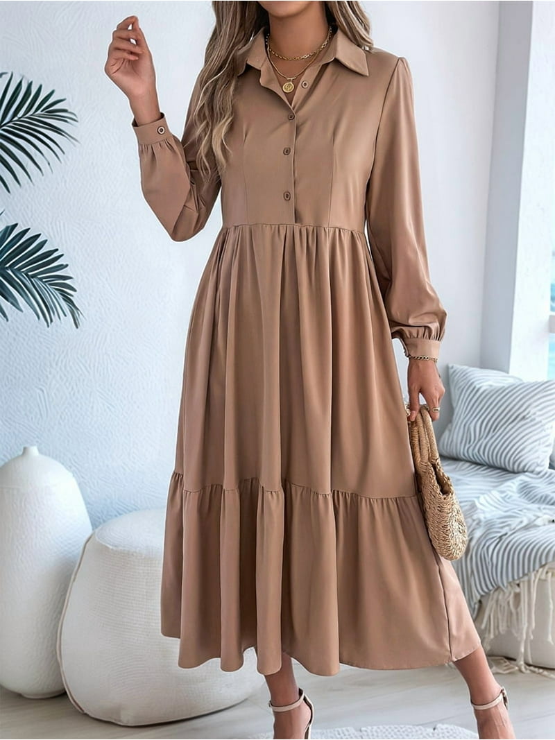 Womens Casual 3/4 Sleeve Shirt Dress Button Down V Neck Tiered Collared  Flowy Maxi Dress Wine Red XL