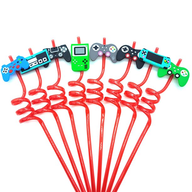 Controlador de juego reutilizable de 8 piezas y 26cm, Pajita helicoidal de plástico, consola de juegos de paja, decoración de fiesta de cumpleaños para niños(red 8pcs