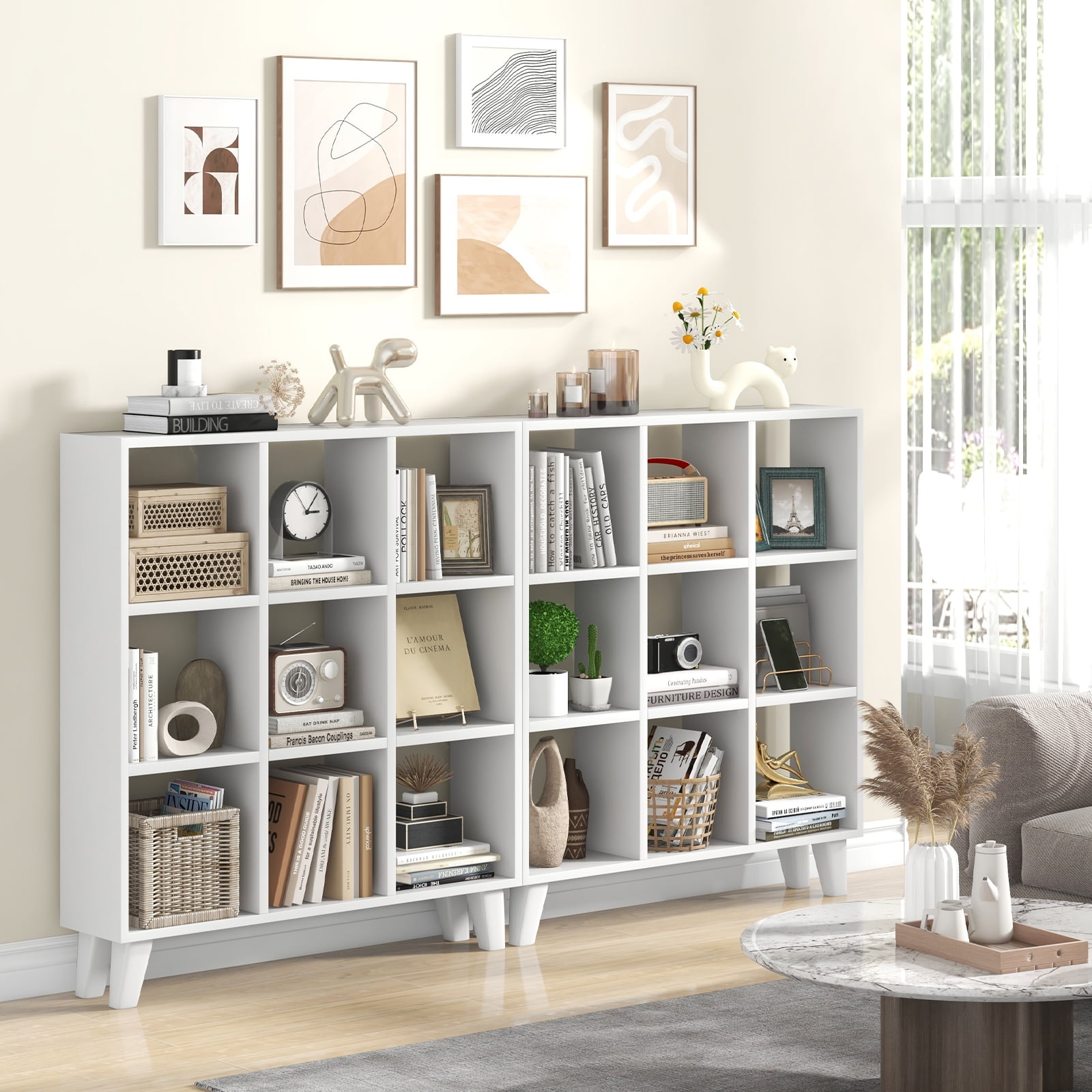 Topbuy 9-Cube Open Bookcase 3-Tier Floor Standing Bookshelf with 4 Slanted Legs 6 Removable Shelves White
