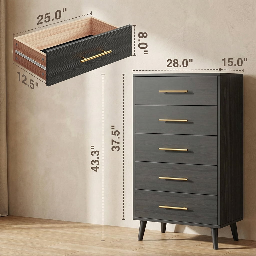 5 Drawer Wood Dressers, Wide Chest of Drawers with Gold Handles, Accent Furniture for Living Room, Black