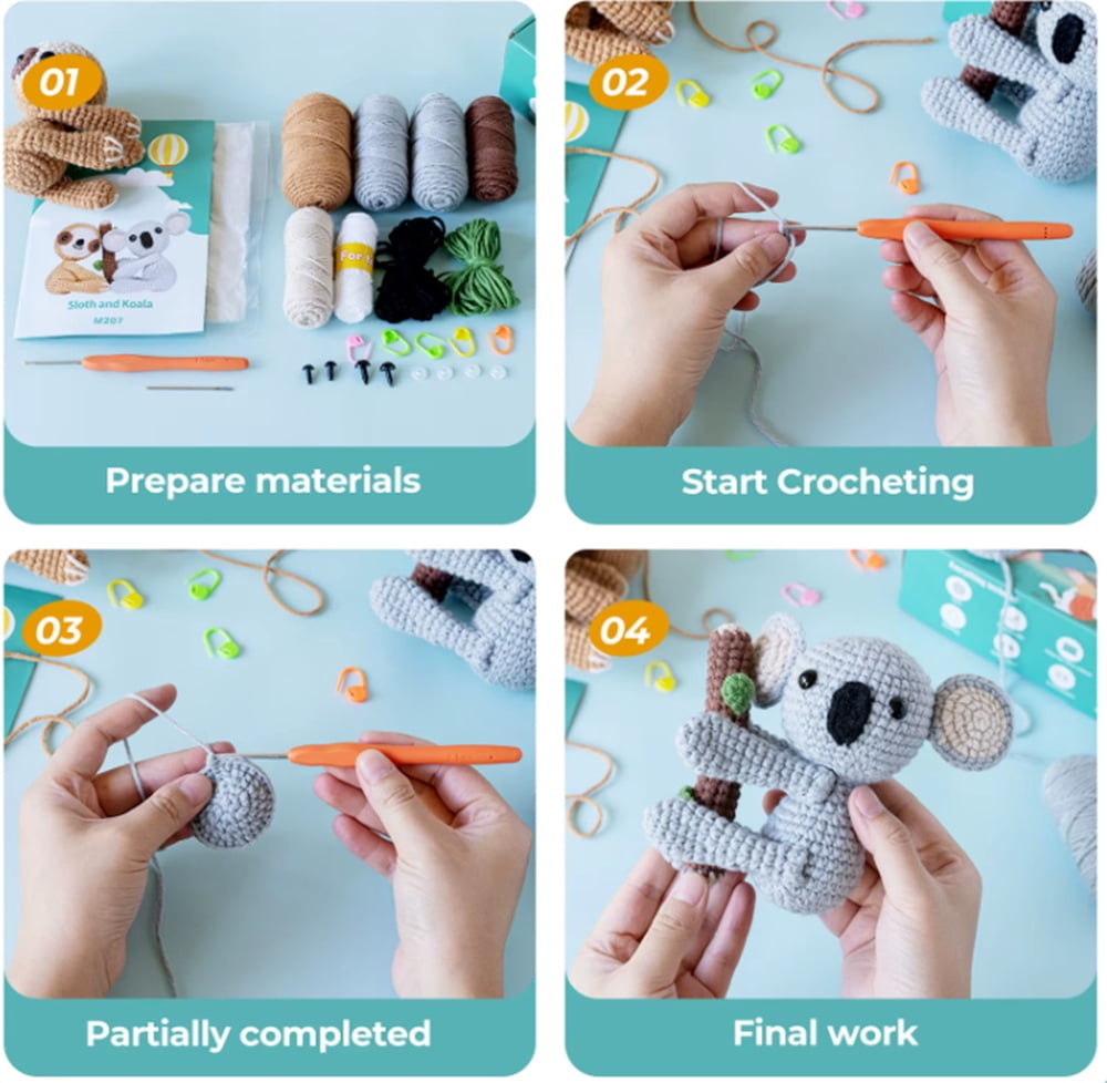 TIKA Sloth & Koala Crochet Kit for Beginners, Amigurumi Starter Set with Video Tutorials