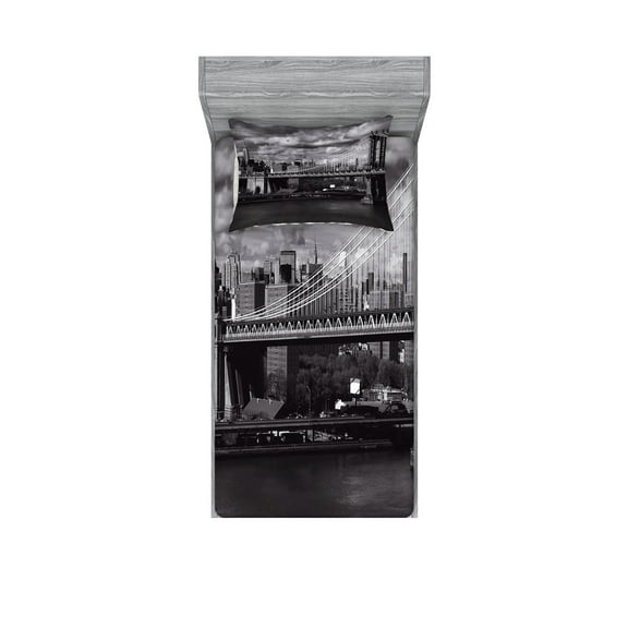 Ambesonne Scenery Fitted Sheet & Pillow Sham Set, NYC in Black and White, Twin, Grey