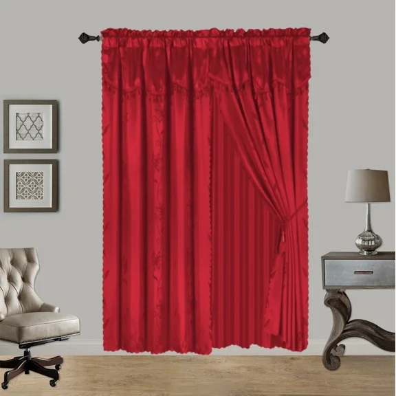 8 Piece Complete Curtain Set 120" W X 84" L With Matching Valances ,Sheer ,Backing Panels and 2 Tassels Faux Silk Shiny Rod Pocket 100% privacy Leaf Floral Design Nada Red