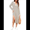 thumbnail image 2 of Vestido de Suéter A Rayas para Mujer, Otoño, de Punto Grueso, Cuello en V, Larga, Abertura, Holgado, Midi. Beige M, 2 of 9