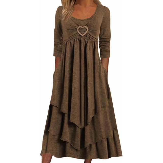 Robes de Printemps pour Femmes Décontractées Manches 3/4 Longue Robe Évasée Basique Plage Vacances Travail Maxi Robe 2025