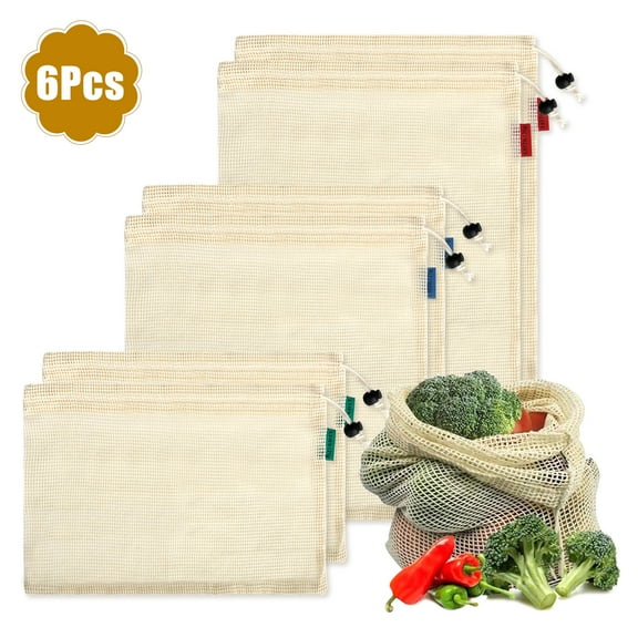 EEEkit 6pcs Reusable Organic Cotton Mesh Produce Bags, Organic Cotton Vegetable Fruit Grocery Bags with Tare Weight Tag and Drawstring, Washable Grocery Shopping Storage Bags for Snacks