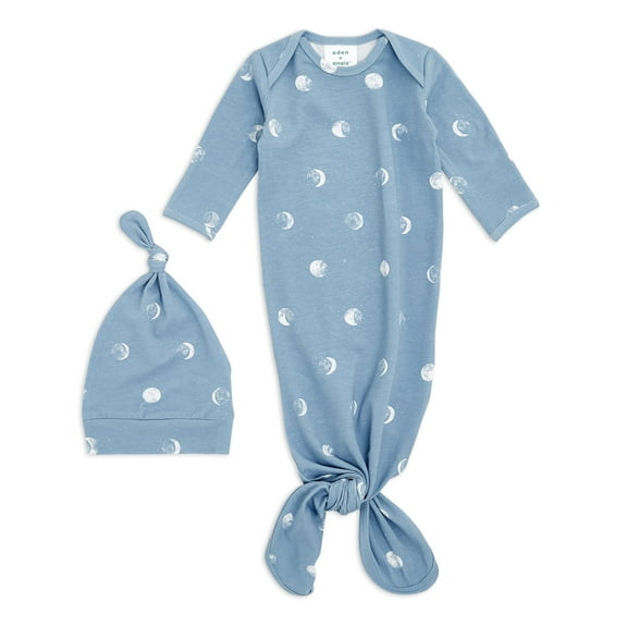aden   anais Comfort Knit Knotted Newborn Baby Gown and Hat, 2 Piece Set, 0-3 Months Blue Moon